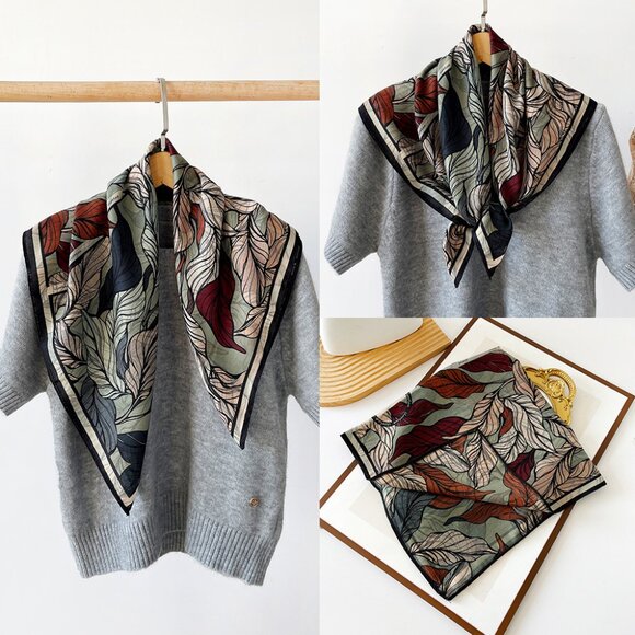 2/$30  Large Velvety Silk Scarf with Leaf Print Autumn Floral Square Neck Bag - Picture 1 of 5